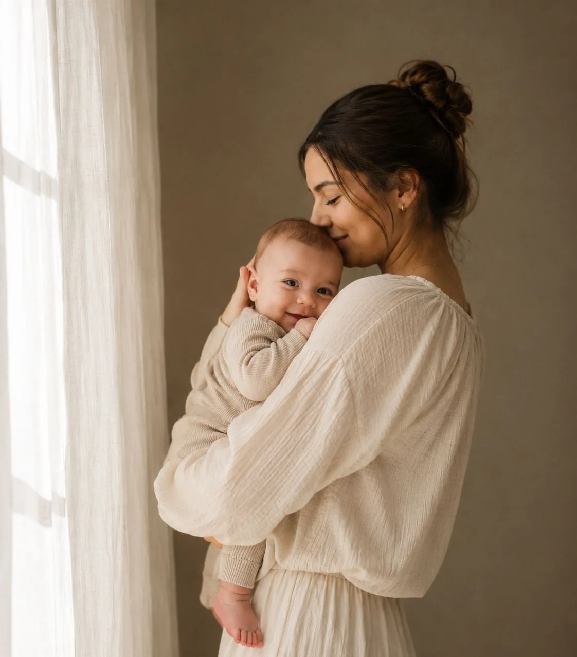 Mãe segurando o bebê no colo, junto à janela