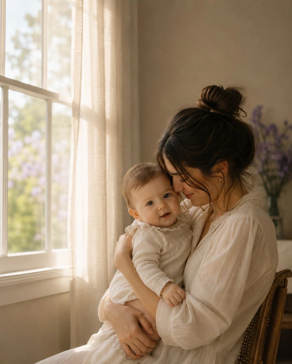 Mãe e bebê junto à janela, em luz natural